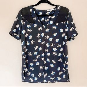 Cooper & Ella Black Floral Top with Sheer Shoulder Panels Size Medium